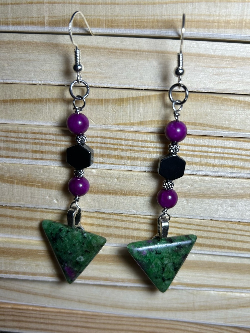3/$25 Ruby Zoisite Triangle Stone Drop Earrings